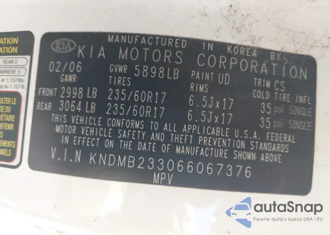 2006 Kia Sedona Ex/Lx из США, поврежденный, VIN KNDMB233066067376